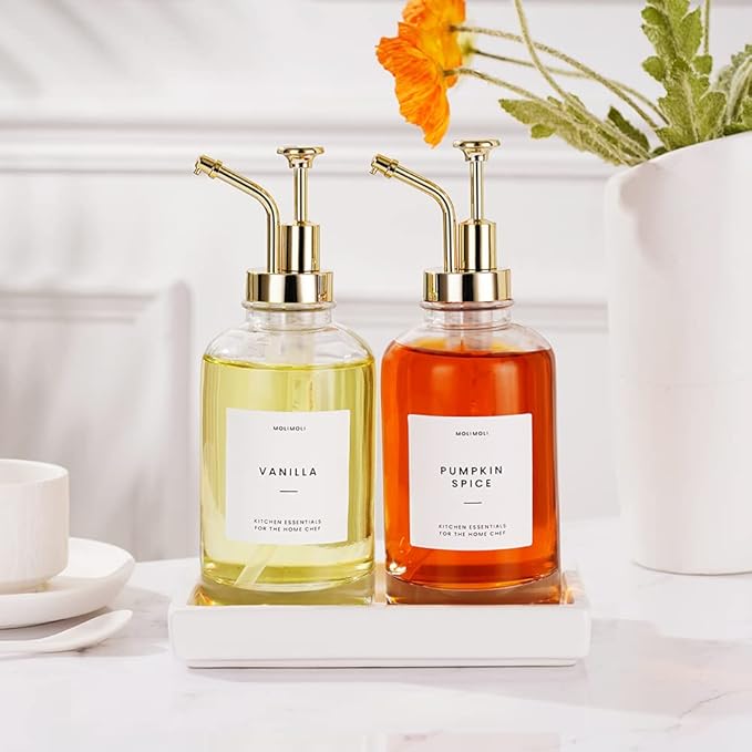 Molimoli Coffee Syrup Dispenser for Coffee Bar with Ceramic Tray Coffee Pump Dispenser 500 ml Set of 2 Gold Upgraded Pump