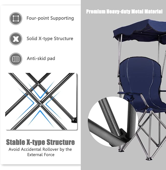 GYMAX Camping Chair Folding Outdoor Lawn Chair with Canopy Carry Bag &amp Cup Holder Portable Heavy Duty Camp Chair for Outside Travel Picnic Beach Soccer Chairs (Blue)