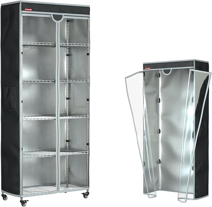 Waterproof and Dustproof Shelf Cover for Storage Shelving and Wire Rack Fits Racks 30 L x 14 D x 62 H Clear Front Cover with Zipper Design (Black No Shelves)