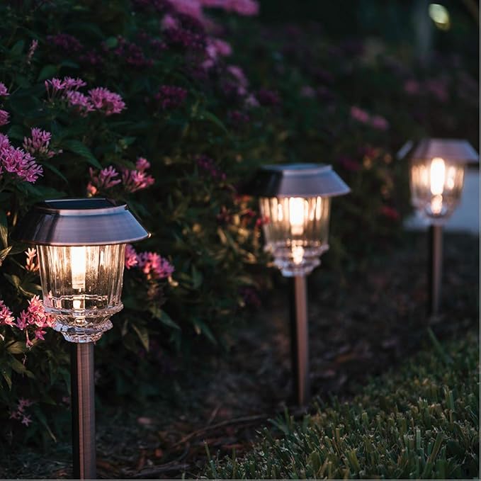 XMCOSY+ Solar Lights Outdoor Waterproof 4 Pack Solar Lights for Outside 10-40 LM Dimmable LED Glass Outdoor Solar Lights for Yard Pathway Garden Lawn Driveway Walkway (Warm White)
