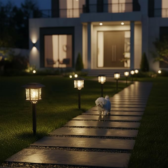XMCOSY+ Solar Outdoor Lights Waterproof IP65 Solar-Powered Garden/Yard/Pathway Lights with Warm White 2-Tone Bronze-Wood Stainless Steel Design for Landscape Driveway Walkway Decorative
