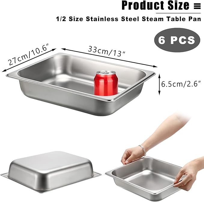 BSTKEY 6 Pack 1/2 Size Hotel Pans 2.56 Inch Deep Stainless Steel Steam Table Pan Stackable Food Warmer Trays for Buffet Commercial Food Pans for Kitchen Restaurant Catering Party Supplies