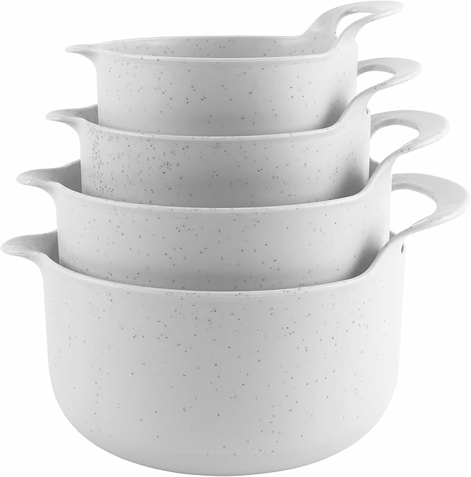 COOK WITH COLOR Nesting Plastic Mixing Bowl Set with Pour Spouts and Handles and Non Slip Bottom Speckled White 4 Piece