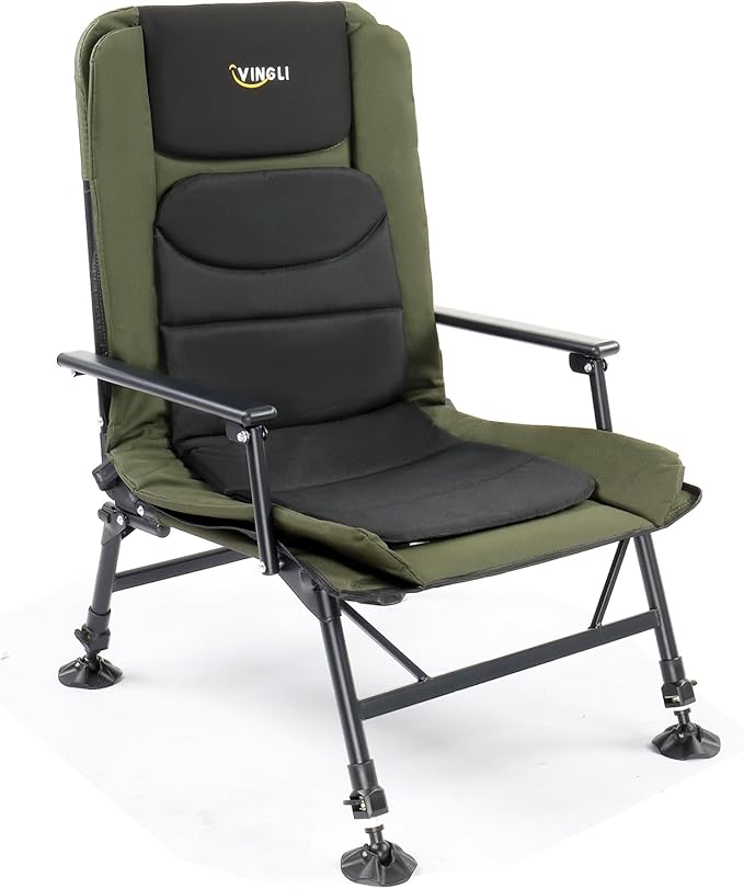 VINGLI Oversized Fishing Chair Heavy Duty Support 440 LBS 160° Freely Adjustable Reclining Folding Chairs Lounge Travel Outdoor Seat with High Back for Fishing Camping or Leisure