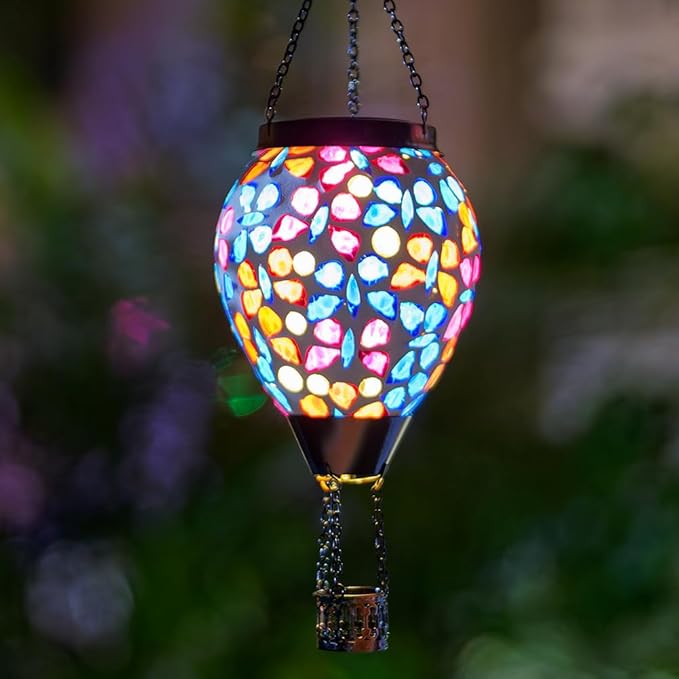 Mosica Hot Air Balloon Solar Lantern Glass Hanging Solars Lanterns Outdoor Waterproof Decorative Solar Light for Garden Yard Patio Decor(Butterfly Pattern)