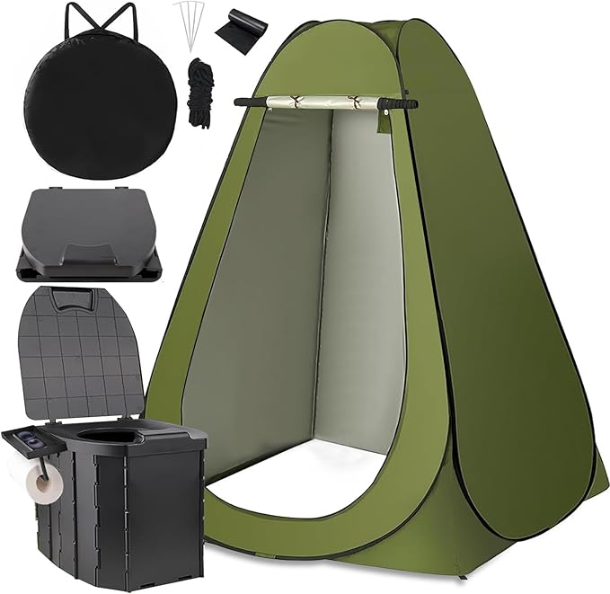 Portable Toilet Kit Larger Size Portable Camping Toilet with Pop-Up Privacy Tent and Poo Gel Toilet Bags Width of 4.93 Feet Tent Washable Outdoor Showers Changing Rooms