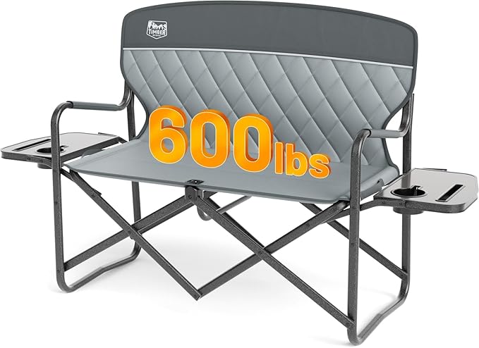 TIMBER RIDGE Double Camping Chair Portable Loveseat Heavy Duty Folding Camp Couch 2 Person Director Chairs with Cup Holder for Outdoor Lawn Tailgates Picnic Sports Soccer Games Supports 600 lbs Grey
