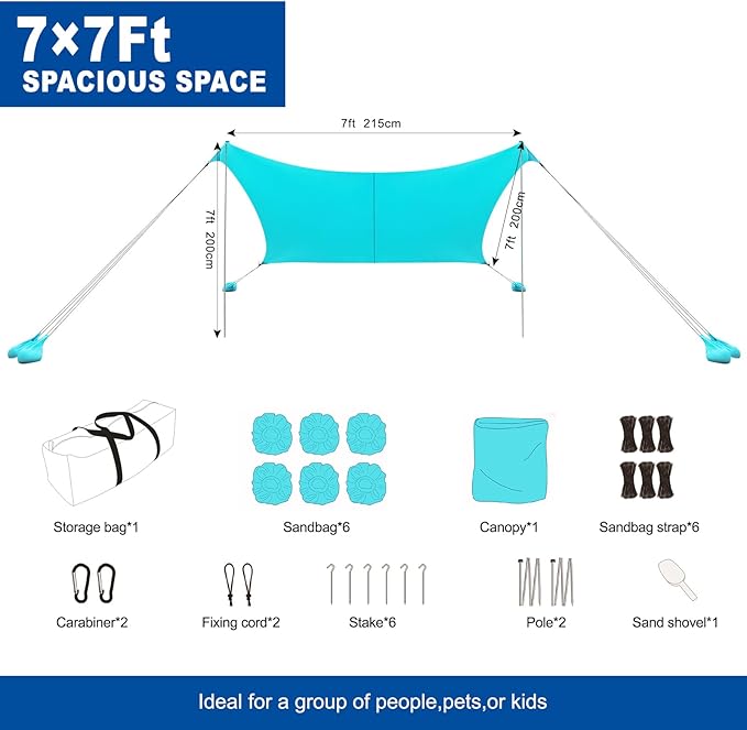 Beach Tent Sun Shelter UPF50+ Portable Beach Shade Canopy Windproof Beach Sun Shade with 2 Pole and 6 Sandbags for Family Vacation Beach Camping Fishing Picnics Park(7×7FT)