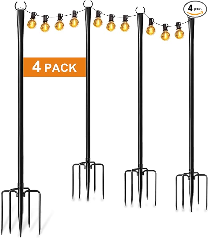 4 Pack String Light Poles for Outside Thickened Metal Christmas Lights Hanger Pole Outdoor with Fork Lighting Hanging Post Accessories for Patio Decor Garden Backyard Yard Outside Decorations