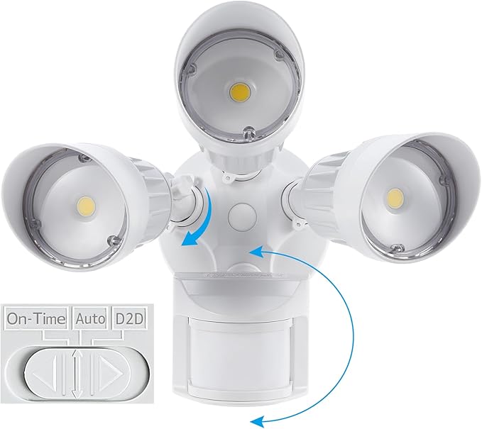 LEONLITE COB LED Security Lights Motion Sensor Aluminum Flood Lights Outdoor 3 Modes Motion Detector+Dusk to Dawn+Switch Control 100-277V Adjustable 3-Head IP65 ETL 5000K Daylight White