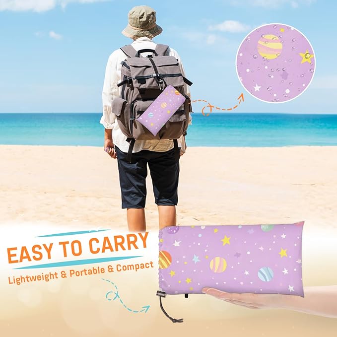 Waterproof Sandproof Beach Blanket 59''×68'' Romantic Starry Night Polyester Outdoor Picnic Blanket with 4 Stakes &amp Storage Bag for BeachCampingVacation Light Purple