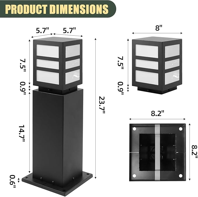 2Pack Landscape Path Lights 24 IP65 Waterproof Bollard Lights Heavy Duty Steel Stable Widened Base E27 Lamp Holder Modern Outdoor Path Lights Bollard for Lawn Patio Courtyard Driveway Oblong