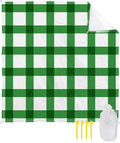 Beach Blanket Waterproof Sandproof St Patrick's Day Green Stripe Lattice Quick Drying Beach Mat with 4 Stakes Classic Buffalo Checker on White Lightweight Picnic Blanket for Travel Camping 108x84