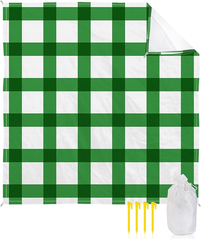 Beach Blanket Waterproof Sandproof OversizedSt Patrick's Day Green Stripe Lattice Beach Mat with Corner Stakes Sand PocketsClassic Buffalo Checker on White Outdoor Picnic Mat for Travel 95x80In