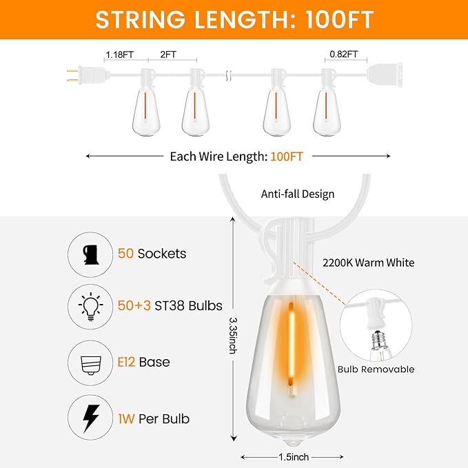 LED Outdoor String Lights 100ft ST38 White Waterproof Patio Lights with 50 Vintage Shatterproof Bulbs(3 Spare) Dimmable Outside Hanging Edison String Lights for Backyard Porch Balcony Warm White
