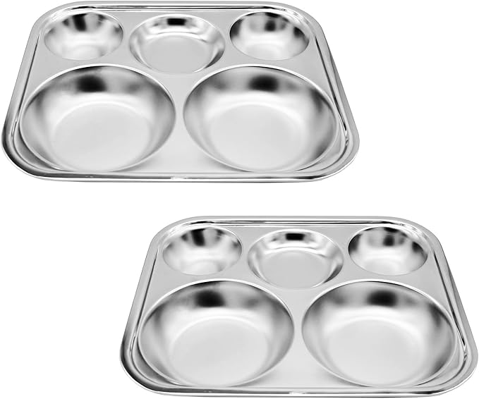 Korean Stainless Steel Divided Plates for Adults Teens Premium 304 Electro-Polished No Black Residue BPA-Free Large 5-Compartment Food Tray Diet Portion Control Camping Set of 2