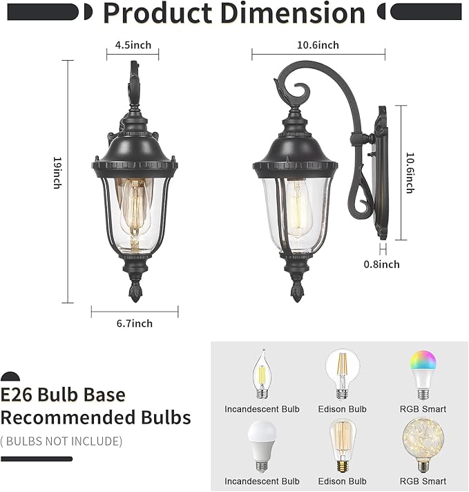Outdoor Wall Light Fixture Black Porch Lights Outside Wall Mounted Lighting Clear Glass Shades Exterior Waterproof Lanterns Modern Outdoor Wall Sconces for Home Yard Patio