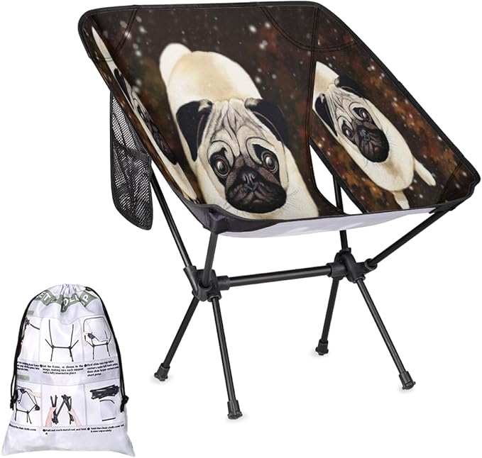 Cute Pug Dog Camping Chair Lightweight Portable Chairs for Adults Easy Installation Outdoor Foldable Camping Chair for Camping Fishing Hiking Picnic Beach