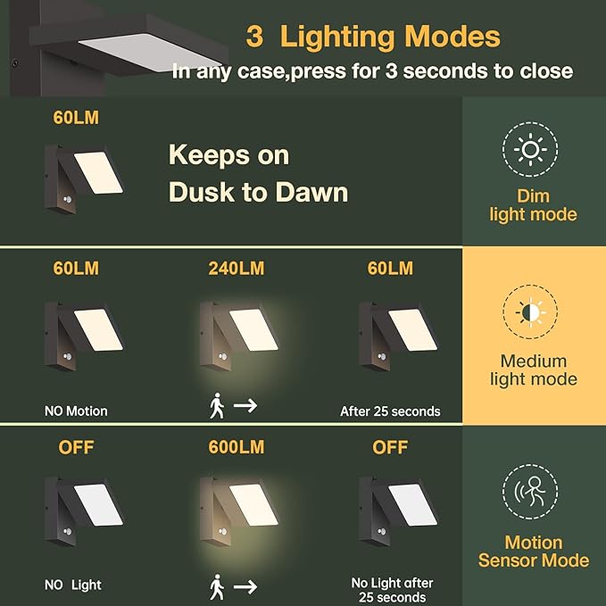 Lustrlach Solar Lights Motion Sensor Outdoor Wall Sconce Waterproof LED Dusk to Dawn Solar Porch Light with Adjustable Lamp HeadBlack 3000K Modern Exterior Light Fixture