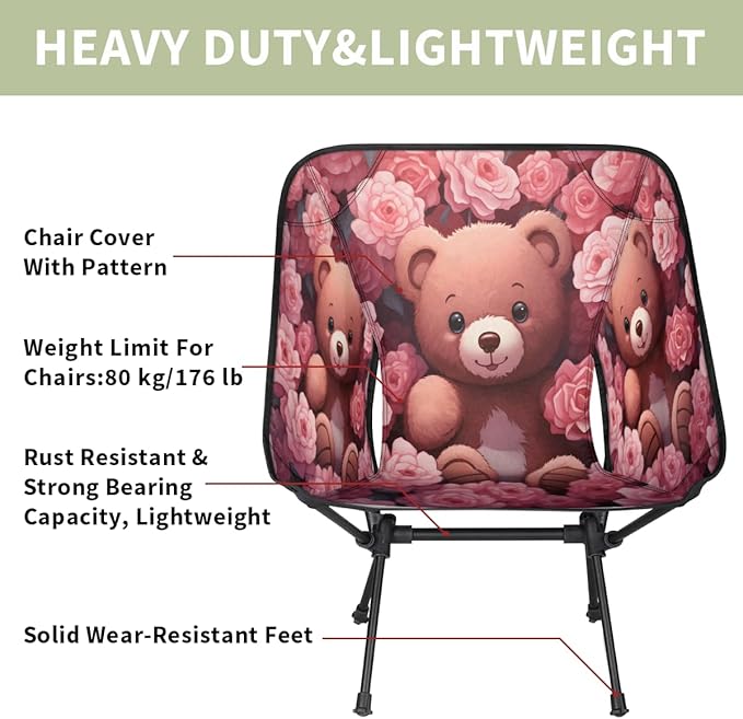 Bear Print Pattern Camping Chair Lightweight Portable Chairs for Adults Easy Installation Outdoor Foldable Camping Chair for Camping Fishing Hiking Picnic Beach
