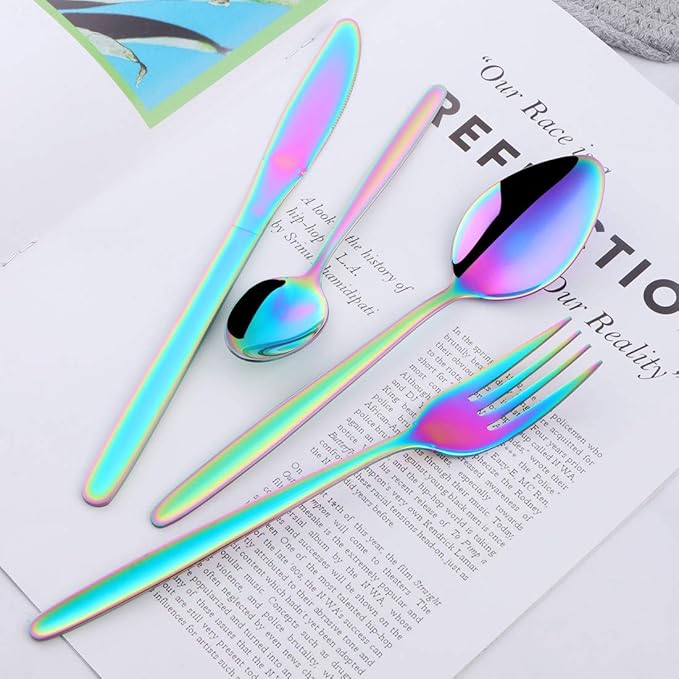 BuyGo Rainbow Silverware Flatware Set 16-Piece Light Weight Stainless Steel Eating Utensil Service for 4 Include Knife Fork Spoon Dishwasher Safe