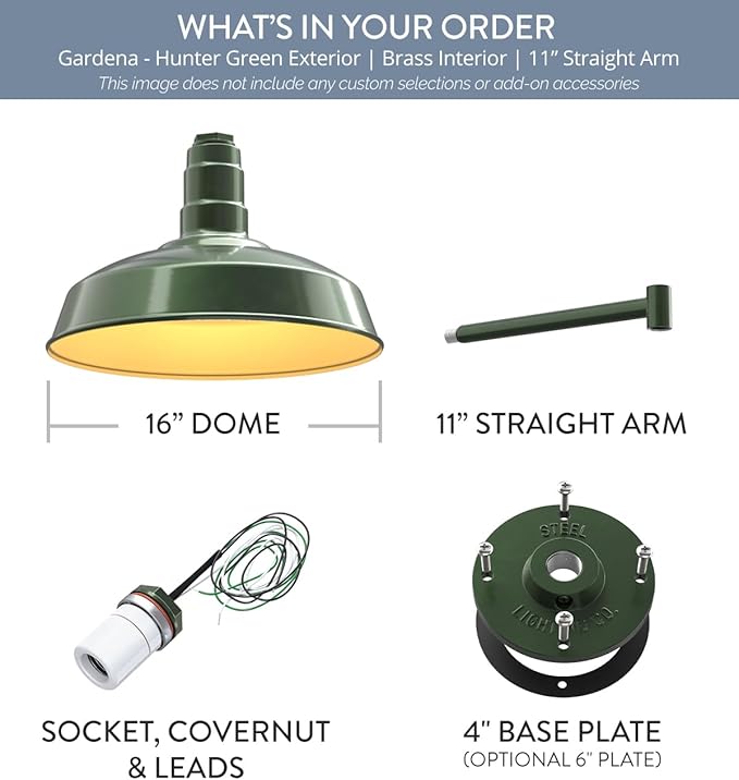 Steel Lighting Co. | Dusk to Dawn | Gardena Barn Light | Outdoor Wall Mounted | 16 Dome | 11 Straight Arm | Farmhouse Light Made in America | Hunter Green/Brass