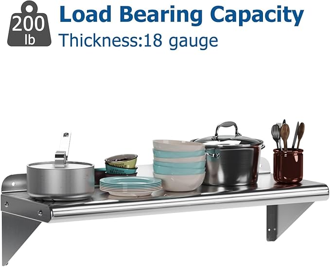 Stainless Steel Shelf Wall Mounted NSF Commercial Wall Shelf Floating Shelving for Kitchen Restaurant Home Hotel 36 x 12 Inches Flat Surface
