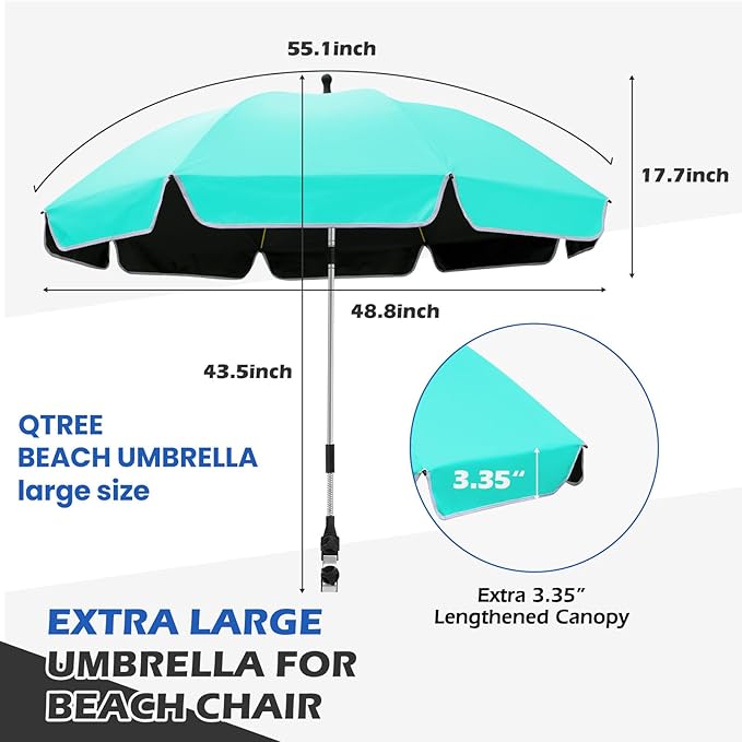 48.8 inch Large Beach Umbrella with Clamp Sun Shade for Beach Chair 360°Adjustable UV Protection Golf Umbrella with Clip for Outdoor Patio Stroller Wheelchair