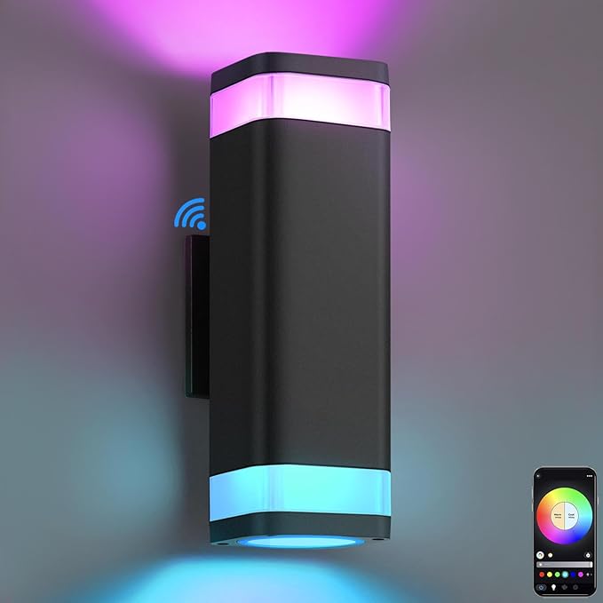 SHIMR Smart RGB Outdoor Wall Light WiFi App Control Color Changing Up Down Exterior Sconce with Dusk to Dawn Sensor Waterproof LED Wall Mount Light Fixture Works with Alexa &amp Google Black Fini