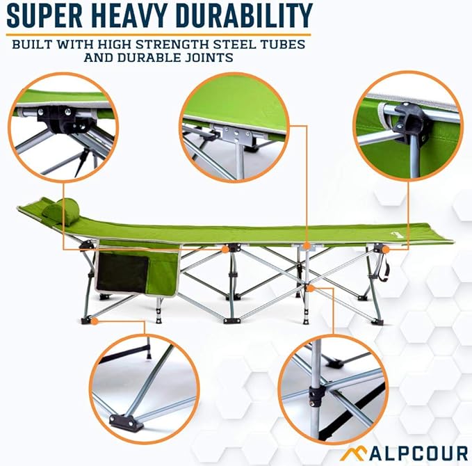 Alpcour Folding Camping Cot – Deluxe Collapsible Single Person Bed in a Bag w/Pillow for Indoor &amp Outdoor Use – Ultra Lightweight Comfortable Heavy Duty Design Holds Adults &amp Kids Up to 300