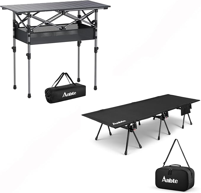 Anbte 3ft Folding Camping Table with Storage Net and Bag 2 Adjustable Heights Aluminum Roll Up Camping Table &amp Ultralight Camping Bed Height Adjustable Support 180KG Portable Cots