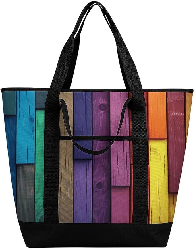 Insulated Shopping BagLarge Reusable Cooler Bags Colored Wood Printed Foldable Shopping BagTravel Waterproof Shoulder Bag
