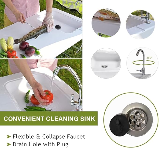 Folding Fishing Cleaning Table with Sink 4ft Portable Foldable Camping Outdoor Table with Faucet for Picnic Camping Kitchen Gardening White