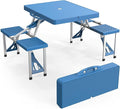 4Ft Folding Camping Picnic Table with 4 Chairs with Umbrella Hole Lightweight Suitcase Card Table-220 Lbs Support Aluminum Frame Plastic RV Tabletop for Outdoor Party Beach and Backyard