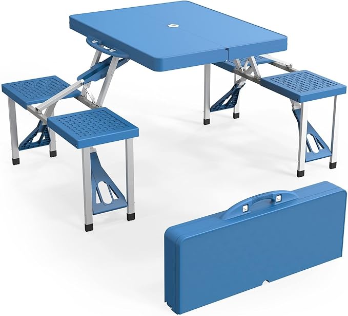 4Ft Folding Camping Picnic Table with 4 Chairs with Umbrella Hole Lightweight Suitcase Card Table-220 Lbs Support Aluminum Frame Plastic RV Tabletop for Outdoor Party Beach and Backyard