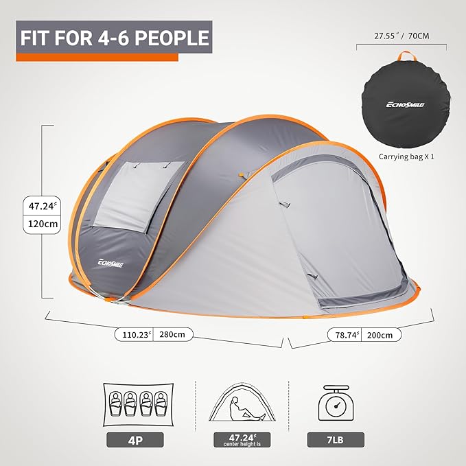 EchoSmile Instant Pop Up Camping Tent 2/4/6 Person Easy Setup Tent Water Resistant Dome Portable with Carry Bag