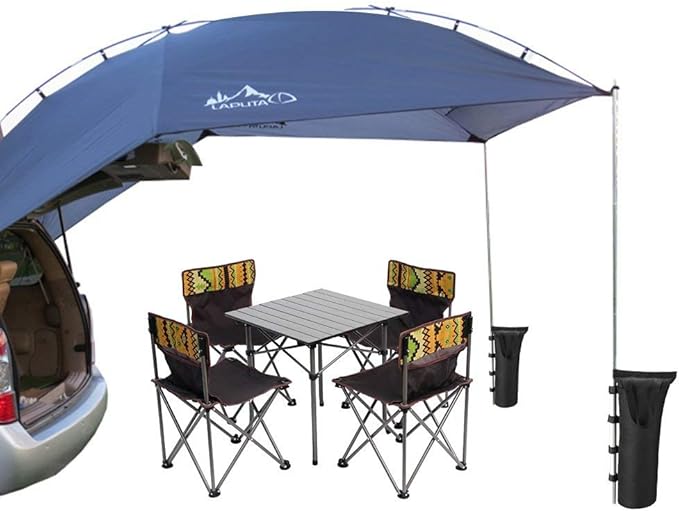 PlayDo Waterproof Teardrop Trailer Awning Portable Car SUV Awning Tent Sun Shelter Canopy for Camping 4 Persons (Blue)