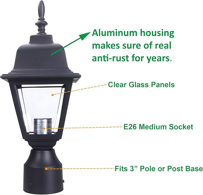 LIT-PaTH Outdoor Post Lighting Fixture Pole Lantern E26 Medium Base Max 60W Aluminum Housing Plus Clear Glass Bulb Not Included Matte Black Finish 1-Pack