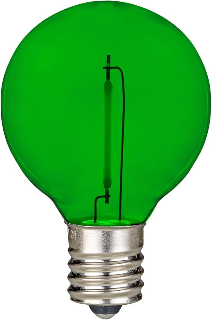 Novelty Lights 25 Pack Green G40 LED Filament String Light Bulbs E12/C7 Candelabra Base 5 Watt Equivalent Shatterproof Replacement Bulbs for Patios Canopy Lighting