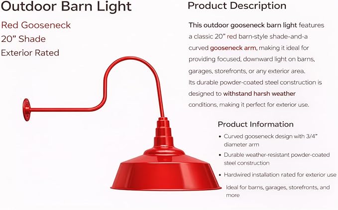 AGB102-AS20-RED Gooseneck Barn Light - RED Outdoor Dome with Incandescent Downlight | Wall-Mount Fixture for Patios Gardens Pathways and Large Outdoor Living Spaces