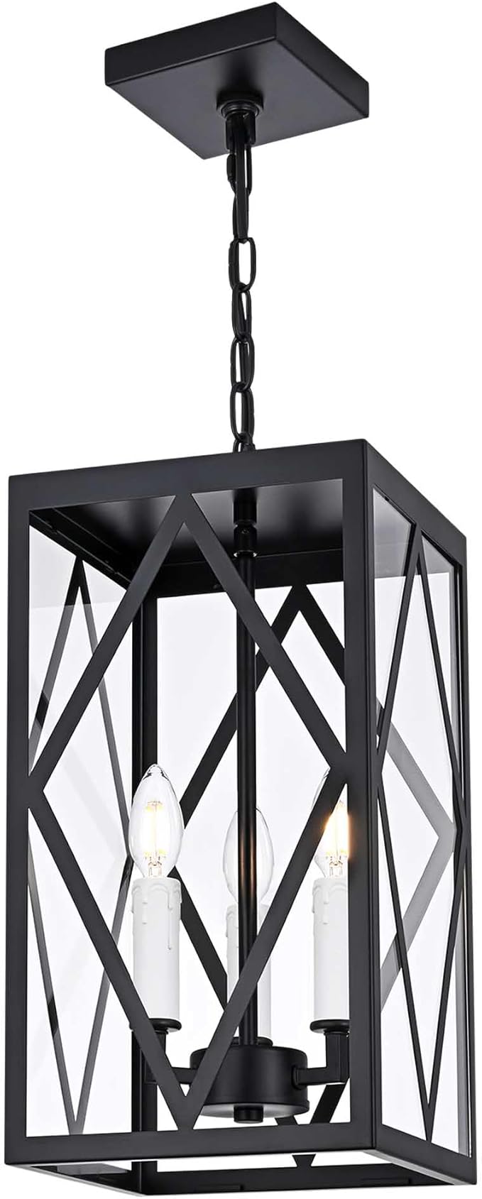 3 Light Outdoor Pendant Lights for Porch 15.7'' Waterproof Exterior Hanging Porch Lights Ceiling Mount Outdoor Chandelier with Clear Glass for Front Porch Gazebo Patio White Socket