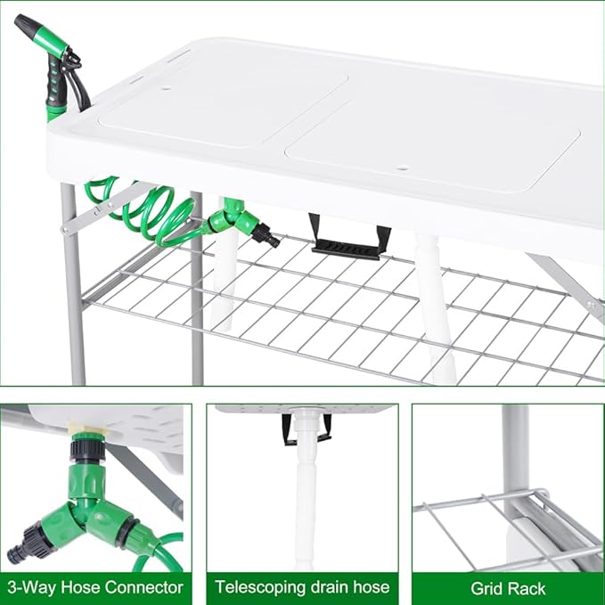 Folding Fish Cleaning Table Portable Camping Double Sinks Table with 2 Dual Water Basins Faucet Drainage Hose Sprayer Outdoor Fish Fillet Cleaning Station with Storage Box