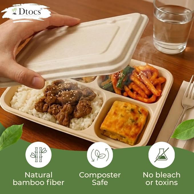 Dtocs Bamboo Fiber 5 Compartment Plates with Lid Set (20 Pcs.) 9 | Heavy Duty Multipurpose Sectional Trays Divided Plate | Microwavable Bamboo Disposable Trays Alt to Plastic Portion Paper Plates