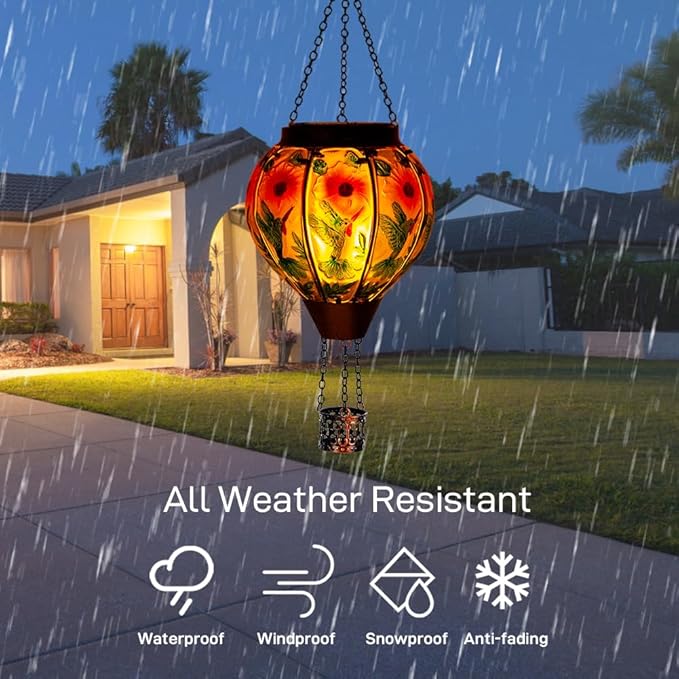 DREAMSOUL Hummingbird Hot Air Balloon Solar Lantern Hanging Solar Lanterns Outdoor with Flickering Flame Light Metal &amp Glass Solar Lanterns Outdoor Waterproof for Patio Yard Decor