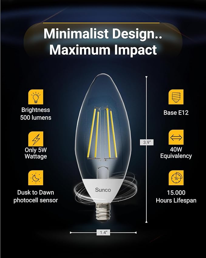Sunco 10 Pack Dusk to Dawn LED Outdoor Light Bulb B11 Edison Filament Candelabra Bulbs for Porch Lighting 500 LM 5W (40W Equivalent) 3000K Warm White E12 Base Photocell Sensor UL