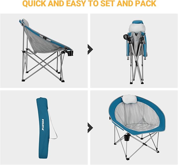 #WEJOY Folding Camping Chair Oversized Moon Chairs for Adult Support Up to 300lbs Mesh Saucer Chairs with Headrest and Cup Holder for CampingLawnHikingPicnicSports(Cyan/Grey)