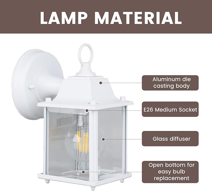 Classic White Aluminum Wall Lamp – Wet Location Outdoor Fixture Die-Cast Aluminum &amp Tempered Glass E26 Base (60W Max) for Porch Garage Garden (Single Pack