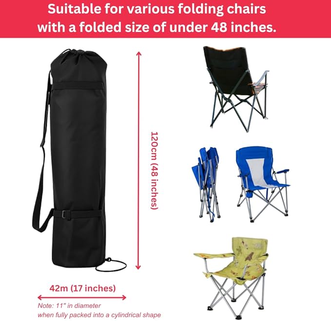 Heavy Duty Camping Chair Replacement Bag with Side Pocket Camp Cover Bags for Carrying Folding Chairs - 48 X 11 Inches Durable 600D Oxford Fabric Extra Wide Mouth Adjustable Strap (Black)