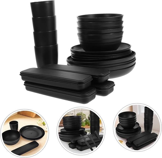 4sets Black Camping Cookware Rv Dishes Camper Essentials Cutlery Easy Clean Utensils Case