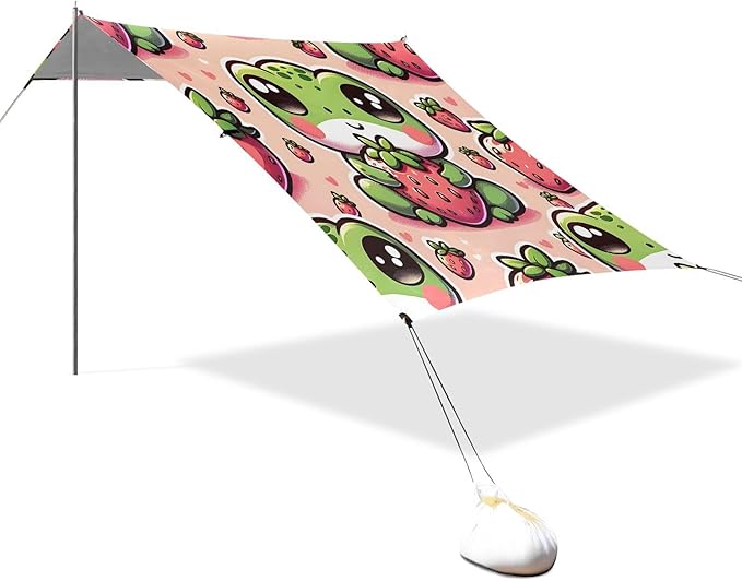 ALAZA Frog Strawberry Beach Tent Sun Shelter UPF50+ Protection Beach Shade Canopy w/ 4 Sandbags for Outdoor Camping Fishing Backyard Fun Picnic 10x9 ft